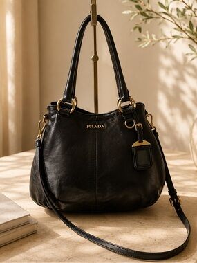 Authentic Prada BN1832 Soft Calf Leather Tote Black Made in Italy